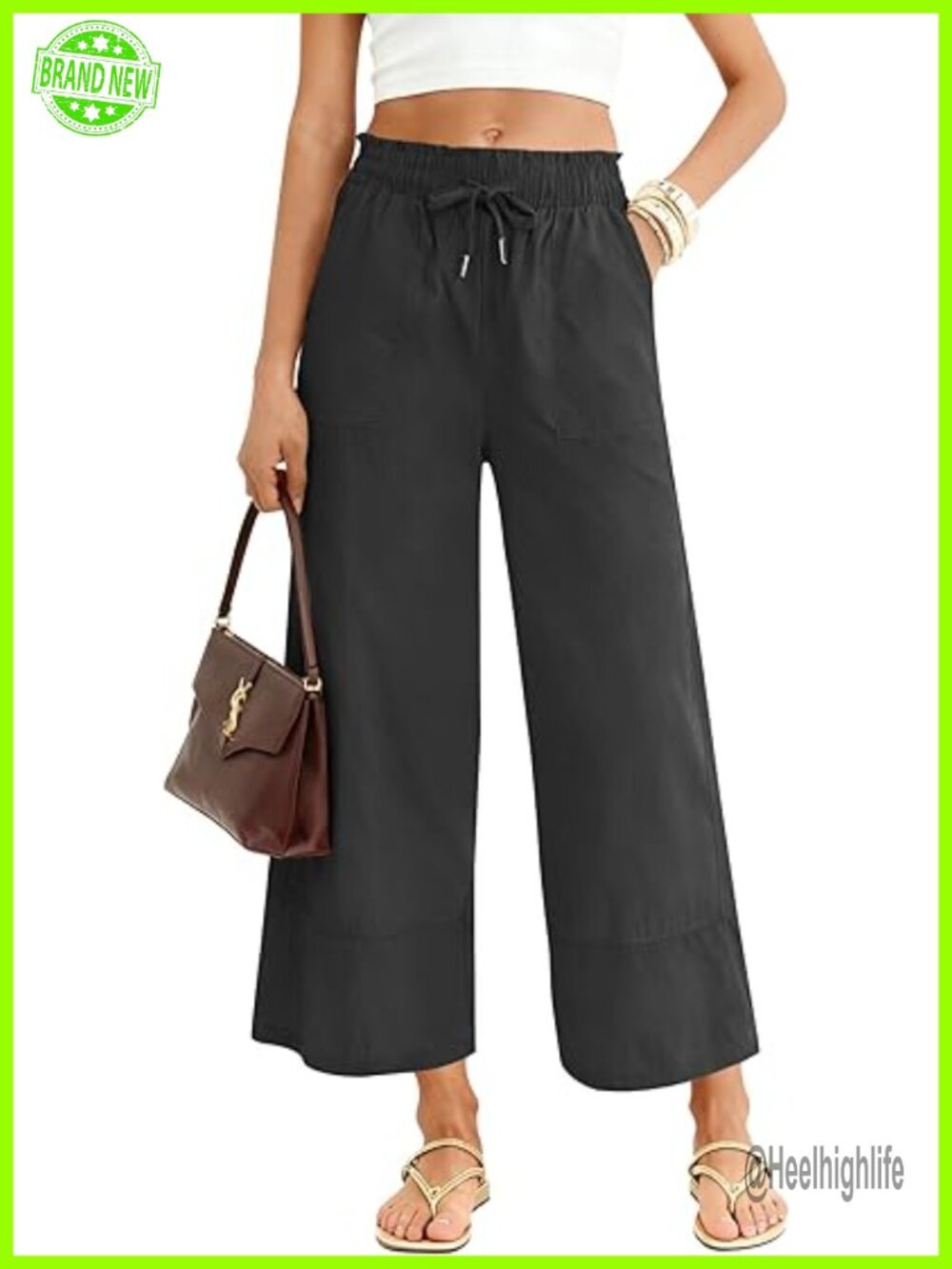 Casual Wide Leg Palazzo Pants with Pockets Elastic High Waist Drawstring